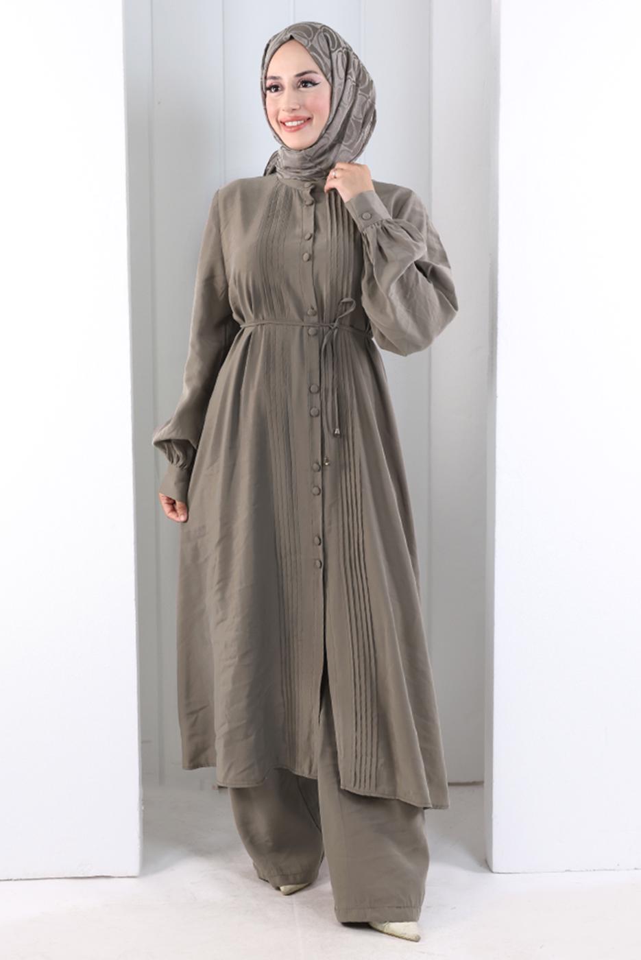Hijab clothing MINK BELTED CUPRA PLEAT DETAIL PANTSUIT T 1078