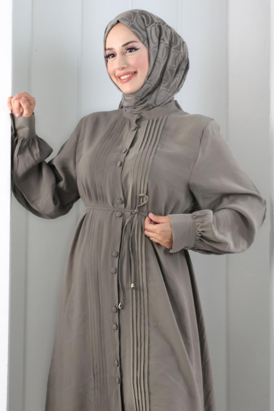 Hijab clothing MINK BELTED CUPRA PLEAT DETAIL PANTSUIT T 1078