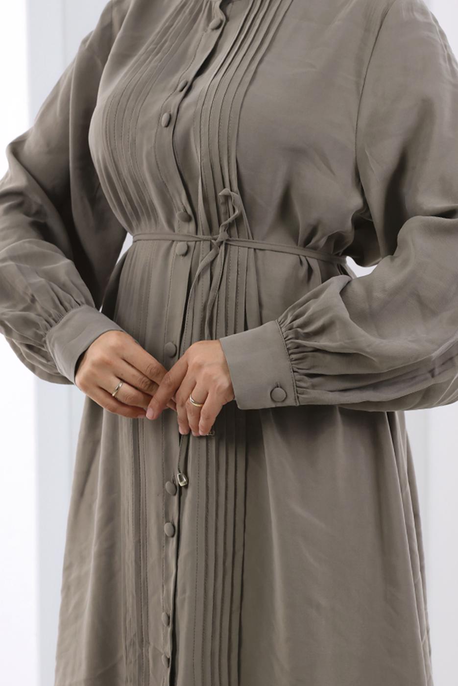 Hijab clothing MINK BELTED CUPRA PLEAT DETAIL PANTSUIT T 1078