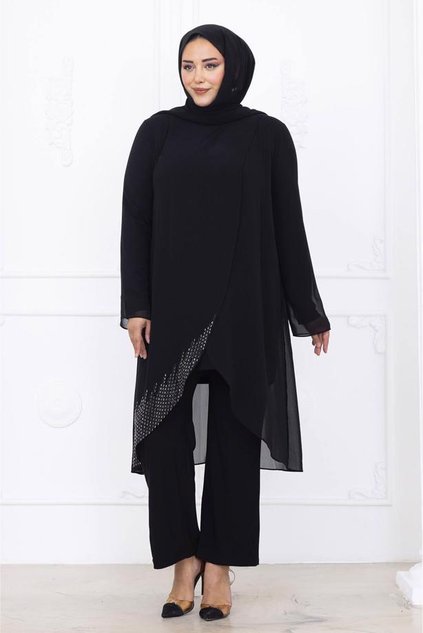 Tesettür giyim SİYAH PANTOLONLU ŞİFON ABİYE TAKIM T 1389 - TRENDTESETTÜR
