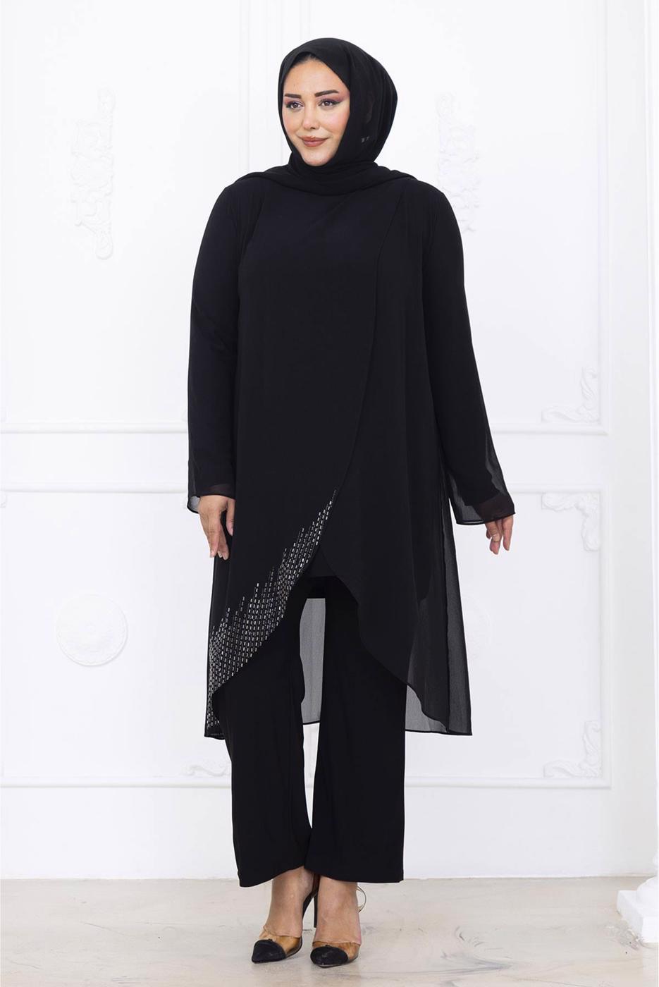 Tesettür giyim SİYAH PANTOLONLU ŞİFON ABİYE TAKIM T 1389