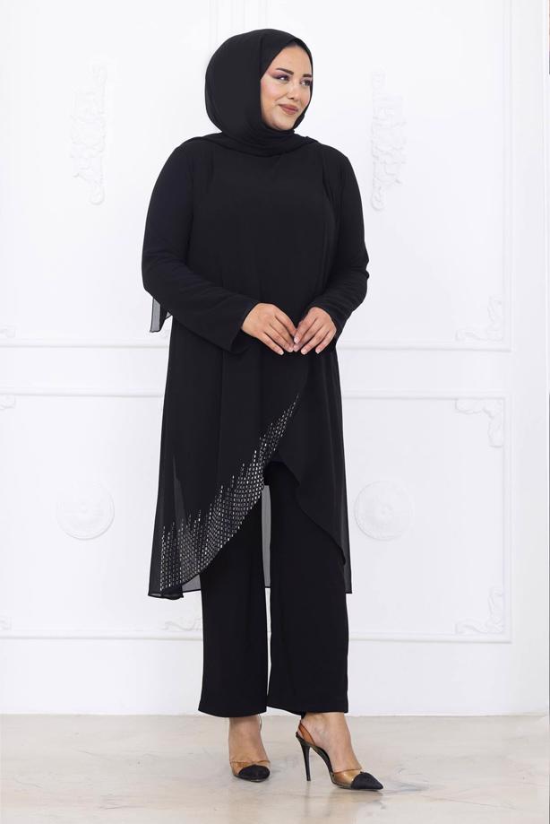Tesettür giyim SİYAH PANTOLONLU ŞİFON ABİYE TAKIM T 1389 - TRENDTESETTÜR