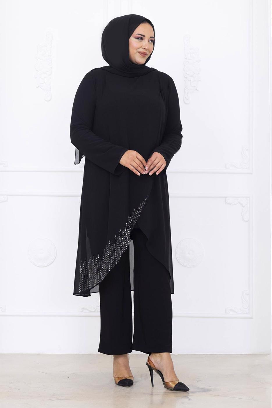 Tesettür giyim SİYAH PANTOLONLU ŞİFON ABİYE TAKIM T 1389