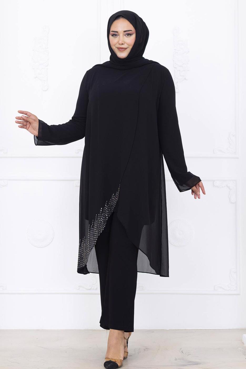 Tesettür giyim SİYAH PANTOLONLU ŞİFON ABİYE TAKIM T 1389