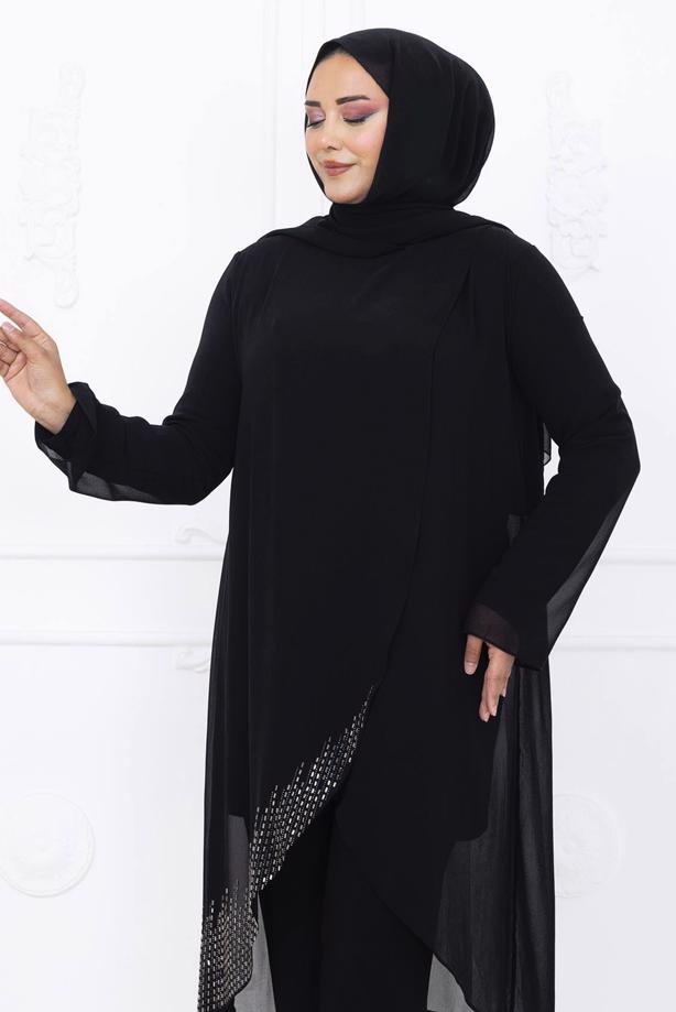 Tesettür giyim SİYAH PANTOLONLU ŞİFON ABİYE TAKIM T 1389 - TRENDTESETTÜR