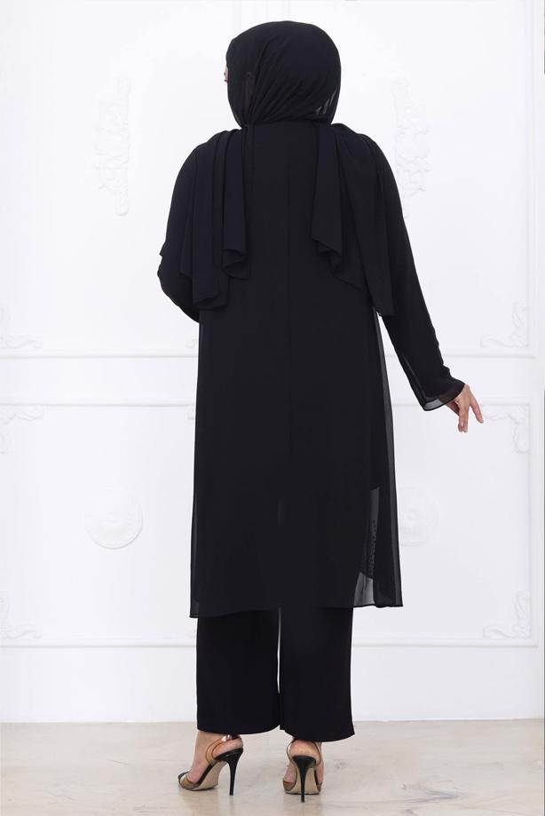 Tesettür giyim SİYAH PANTOLONLU ŞİFON ABİYE TAKIM T 1389 - TRENDTESETTÜR