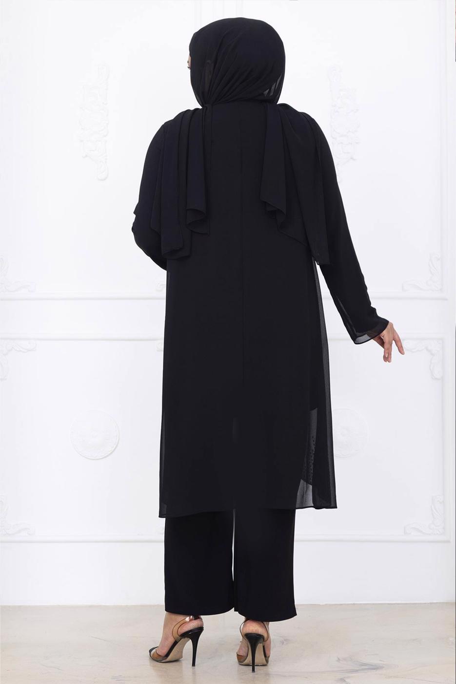 Tesettür giyim SİYAH PANTOLONLU ŞİFON ABİYE TAKIM T 1389