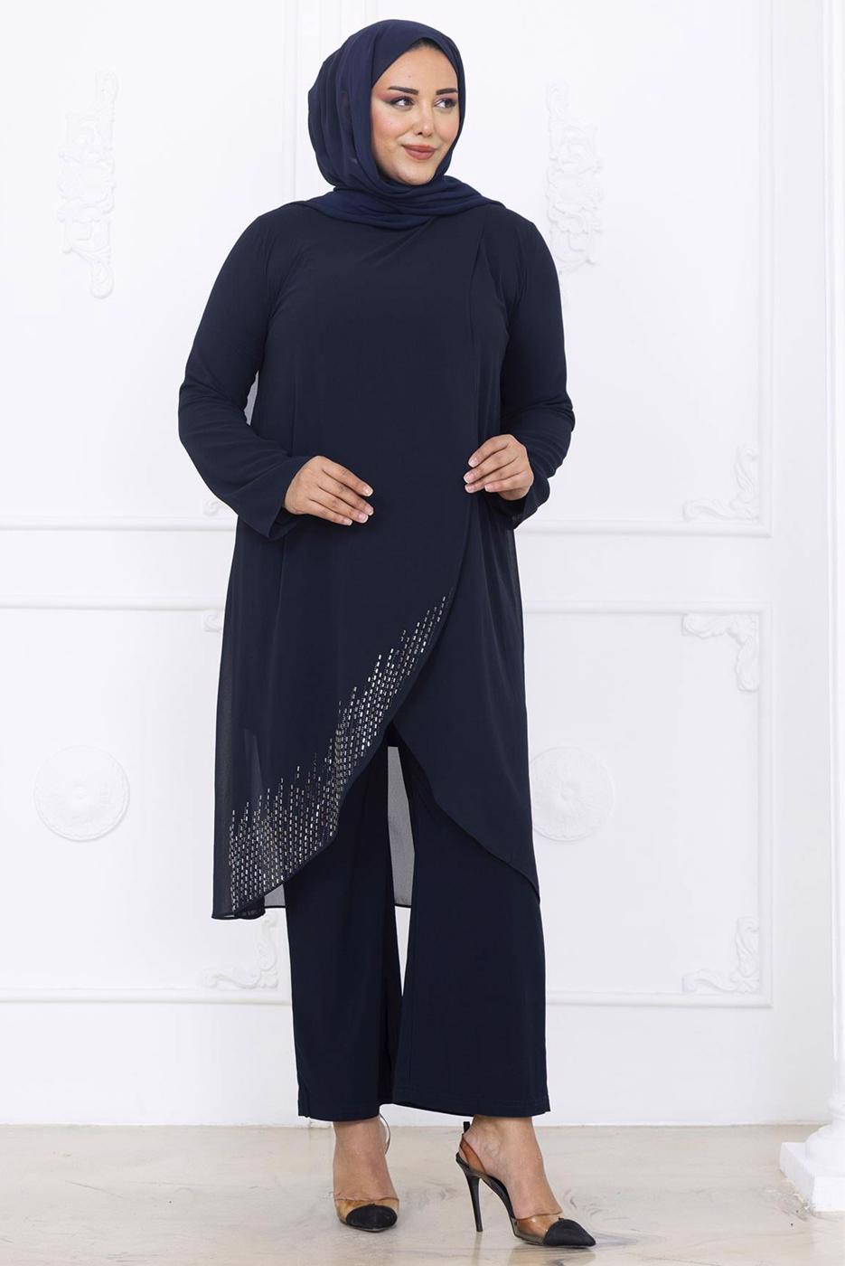 Tesettür giyim LACİVERT PANTOLONLU ŞİFON ABİYE TAKIM T 1389