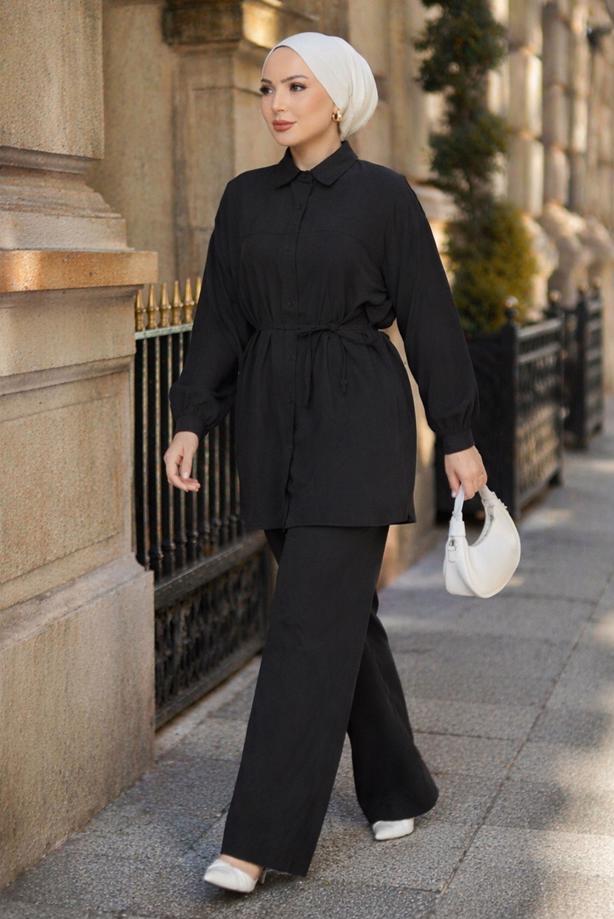 Vêtements hijab NOIR ENSEMBLE PANTALON CEINTURÉ EN COTON T 1590 - TRENDTESETTÜR
