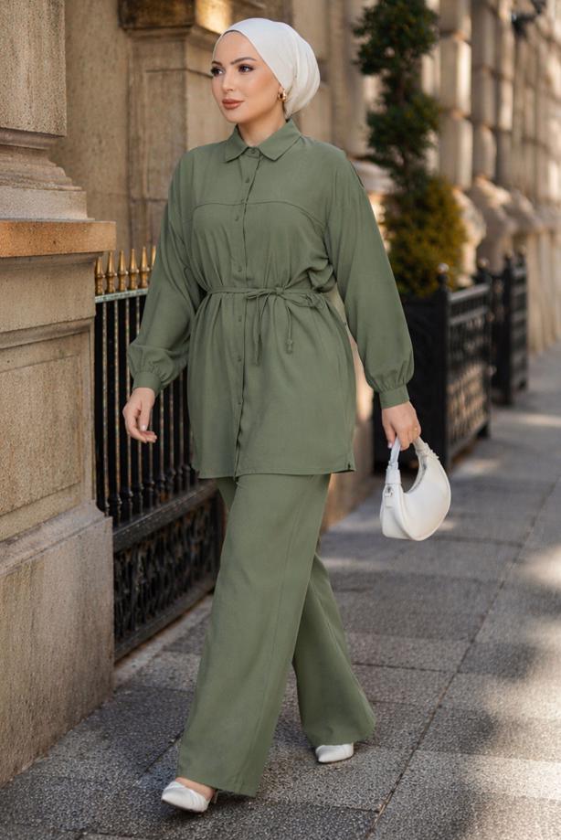 Vêtements hijab KAKI ENSEMBLE PANTALON CEINTURÉ EN COTON T 1590 - TRENDTESETTÜR