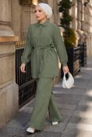 Vêtements hijab KAKI ENSEMBLE PANTALON CEINTURÉ EN COTON T 1590