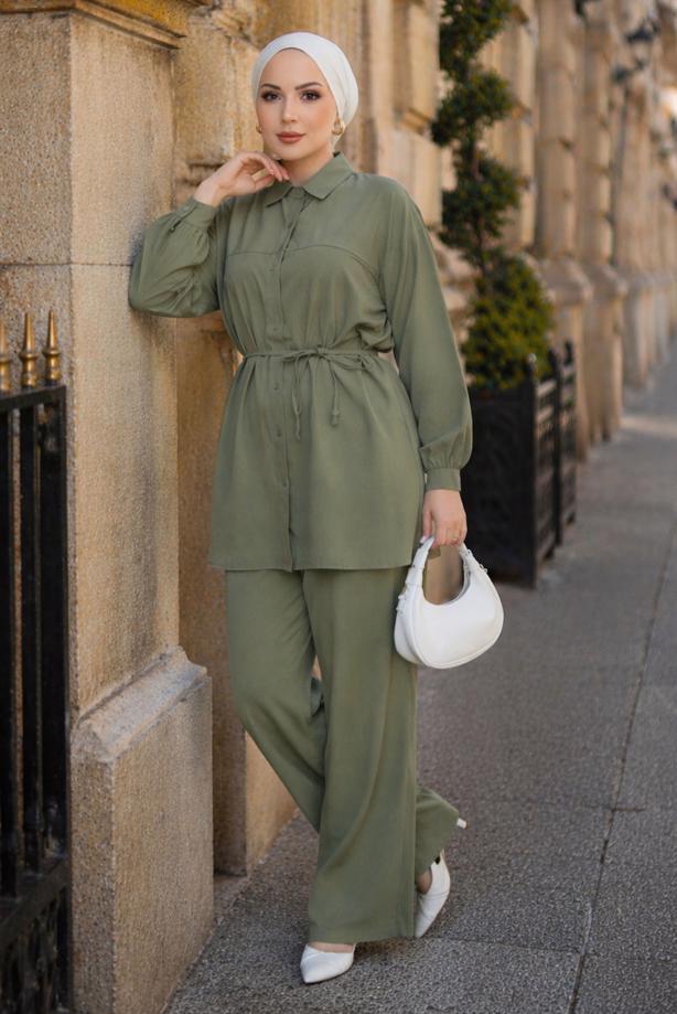 Vêtements hijab KAKI ENSEMBLE PANTALON CEINTURÉ EN COTON T 1590 - TRENDTESETTÜR