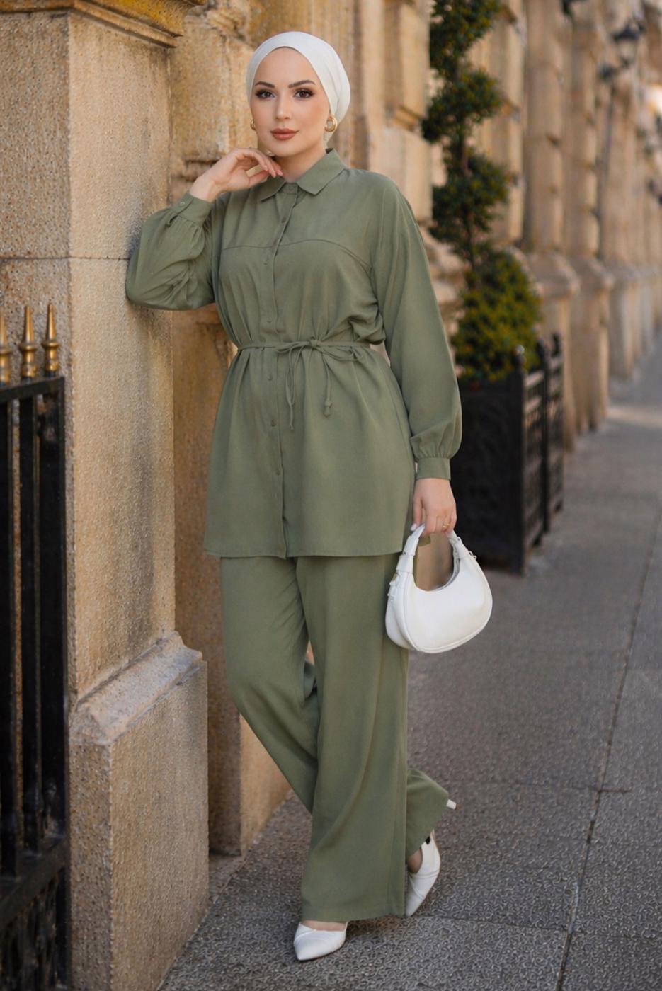 Vêtements hijab KAKI ENSEMBLE PANTALON CEINTURÉ EN COTON T 1590