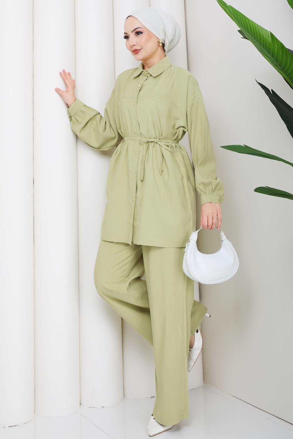 Vêtements hijab VERT ENSEMBLE PANTALON CEINTURÉ EN COTON T 1590