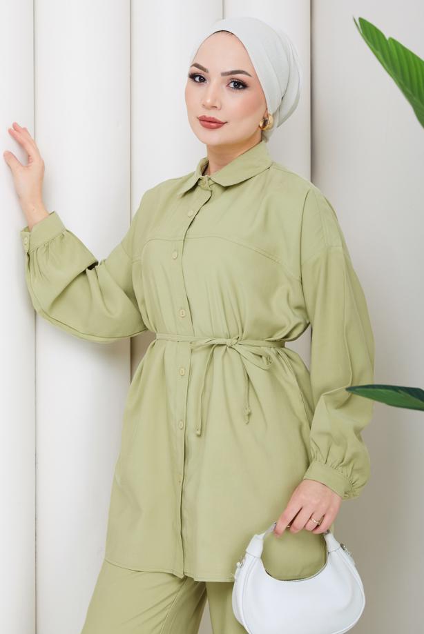 Vêtements hijab VERT ENSEMBLE PANTALON CEINTURÉ EN COTON T 1590 - TRENDTESETTÜR