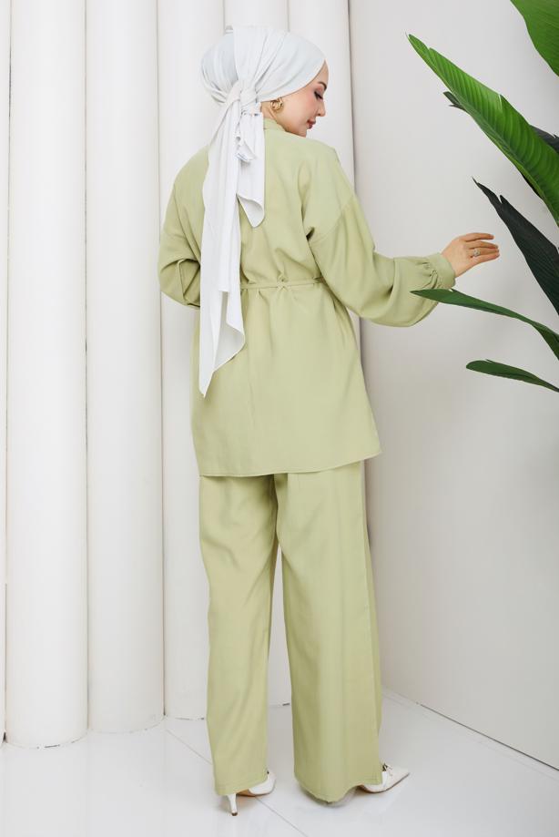 Vêtements hijab VERT ENSEMBLE PANTALON CEINTURÉ EN COTON T 1590 - TRENDTESETTÜR