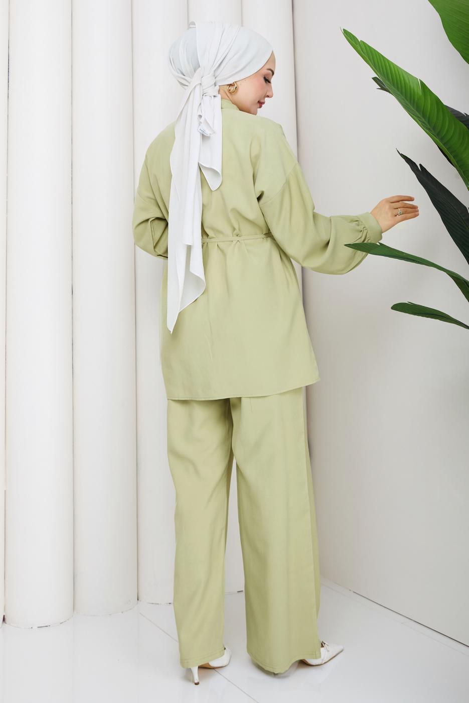 Vêtements hijab VERT ENSEMBLE PANTALON CEINTURÉ EN COTON T 1590