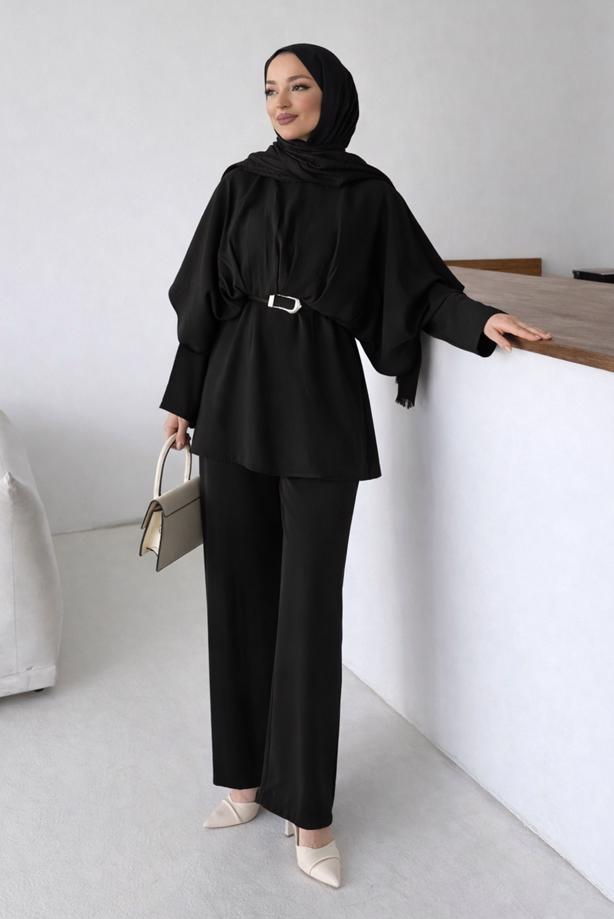 Vêtements hijab NOIR ENSEMBLE PANTALON CEINTURÉ T 2032 - TRENDTESETTÜR