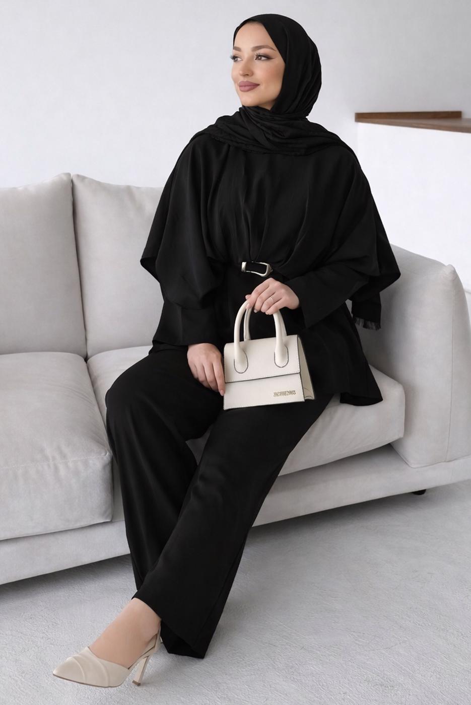 Vêtements hijab NOIR ENSEMBLE PANTALON CEINTURÉ T 2032