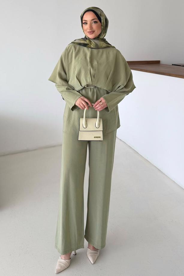 Vêtements hijab KAKI ENSEMBLE PANTALON CEINTURÉ T 2032 - TRENDTESETTÜR