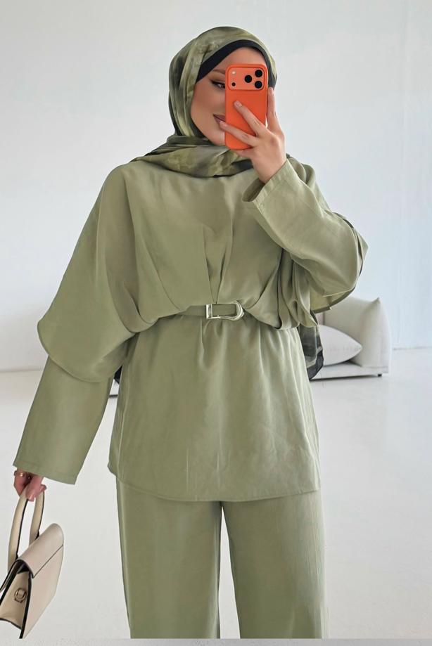 Vêtements hijab KAKI ENSEMBLE PANTALON CEINTURÉ T 2032 - TRENDTESETTÜR