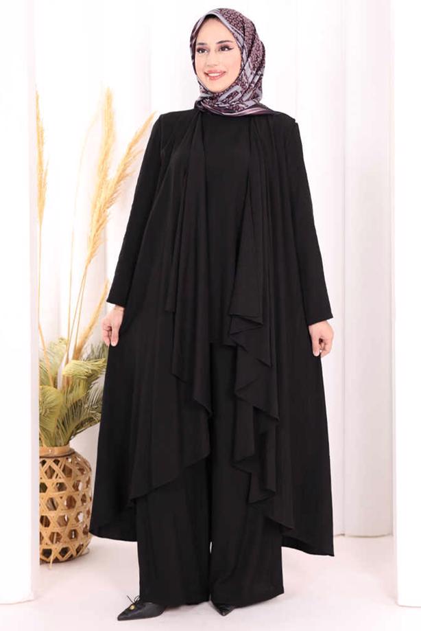 Hijab clothing BLACK THREE PIECE VESTED PANTSUIT T 2108 - TRENDTESETTÜR