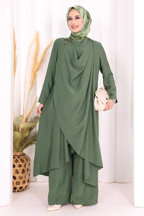 Hijab clothing KHAKI THREE PIECE VESTED PANTSUIT T 2108 - TRENDTESETTÜR