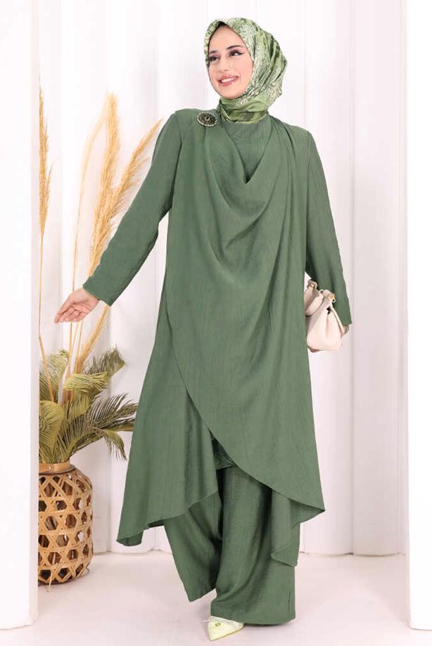 Hijab clothing KHAKI THREE PIECE VESTED PANTSUIT T 2108 - TRENDTESETTÜR