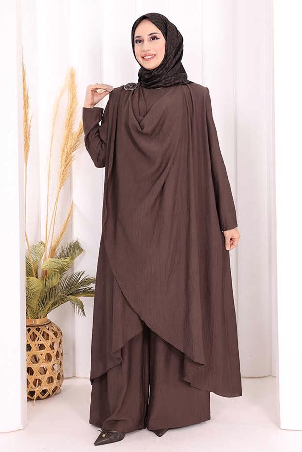 Hijab clothing BROWN THREE PIECE VESTED PANTSUIT T 2108 - TRENDTESETTÜR