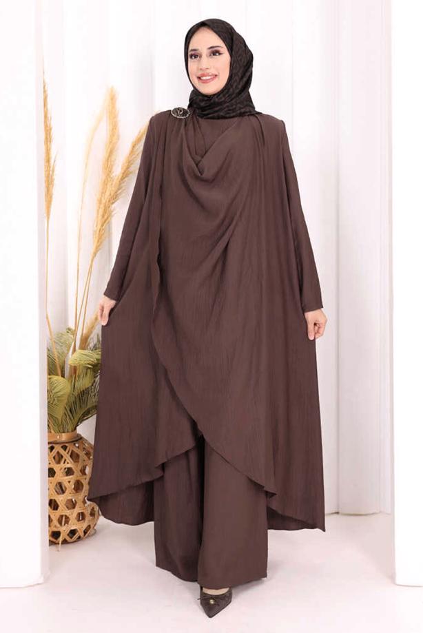 Hijab clothing BROWN THREE PIECE VESTED PANTSUIT T 2108 - TRENDTESETTÜR