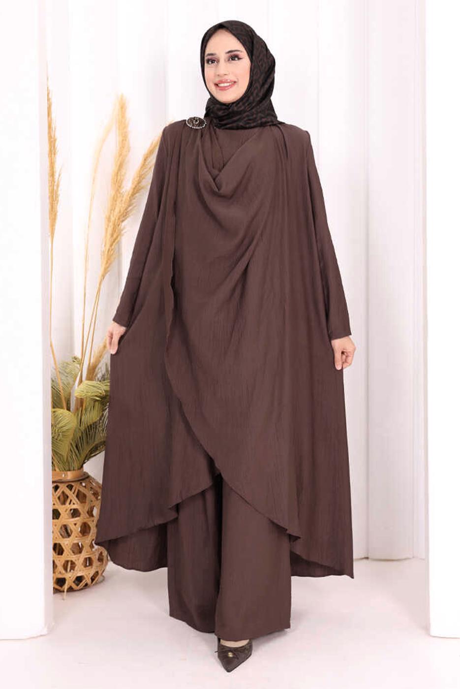 Hijab clothing BROWN THREE PIECE VESTED PANTSUIT T 2108