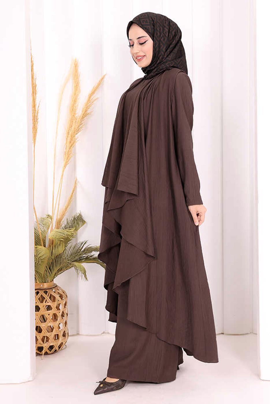 Hijab clothing BROWN THREE PIECE VESTED PANTSUIT T 2108