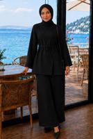 Tesettür giyim SİYAH KUŞAKLI PANTOLONLU TAKIM T 2333