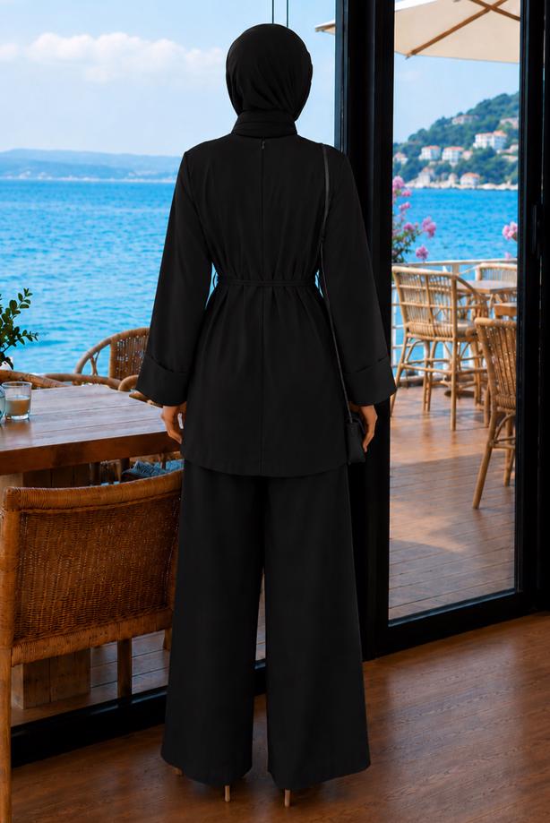 Tesettür giyim SİYAH KUŞAKLI PANTOLONLU TAKIM T 2333 - TRENDTESETTÜR