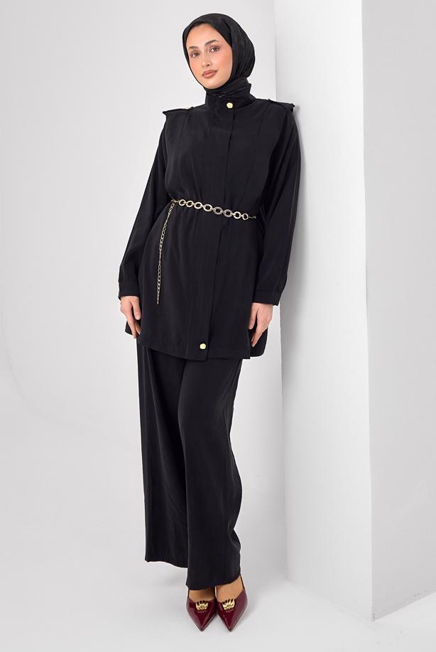 Tesettür giyim SİYAH ZİNCİR KEMERLİ MODAL TAKIM T 2362 - TRENDTESETTÜR