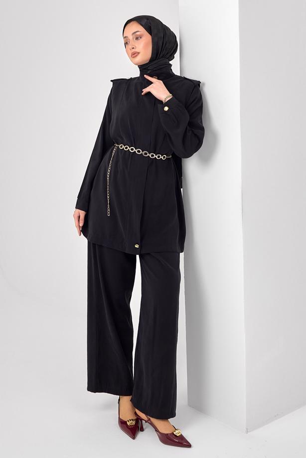 Tesettür giyim SİYAH ZİNCİR KEMERLİ MODAL TAKIM T 2362 - TRENDTESETTÜR