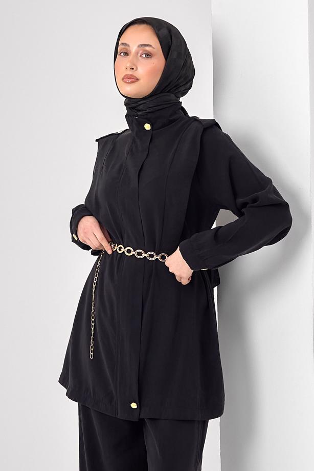 Tesettür giyim SİYAH ZİNCİR KEMERLİ MODAL TAKIM T 2362 - TRENDTESETTÜR