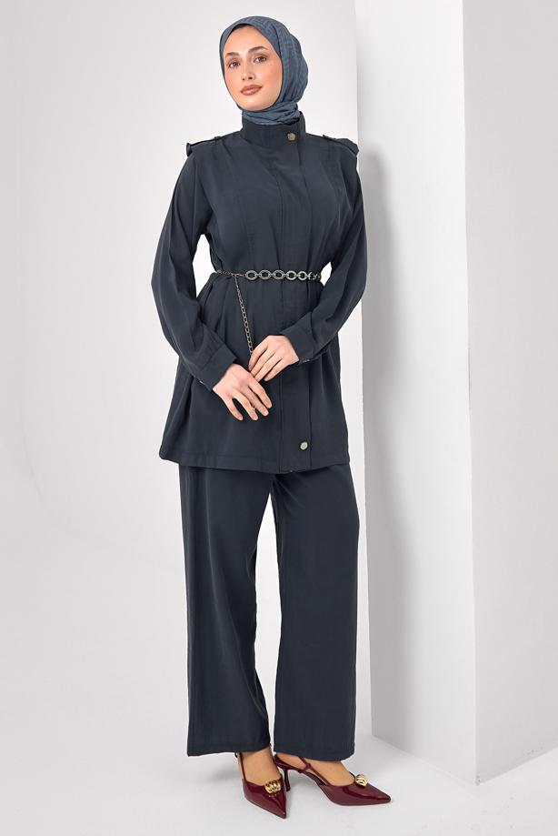 Tesettür giyim GRİ ZİNCİR KEMERLİ MODAL TAKIM T 2362 - TRENDTESETTÜR