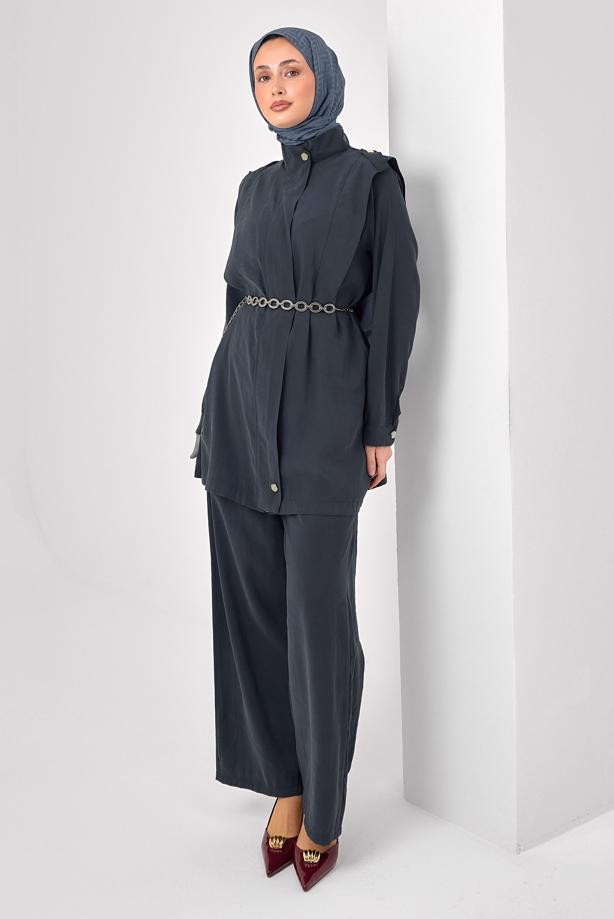 Tesettür giyim GRİ ZİNCİR KEMERLİ MODAL TAKIM T 2362 - TRENDTESETTÜR