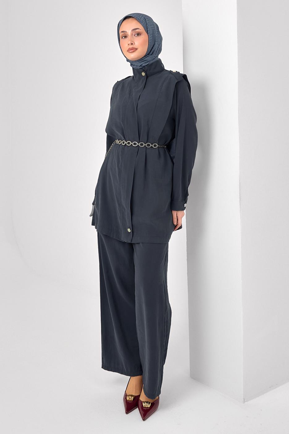 Tesettür giyim GRİ ZİNCİR KEMERLİ MODAL TAKIM T 2362