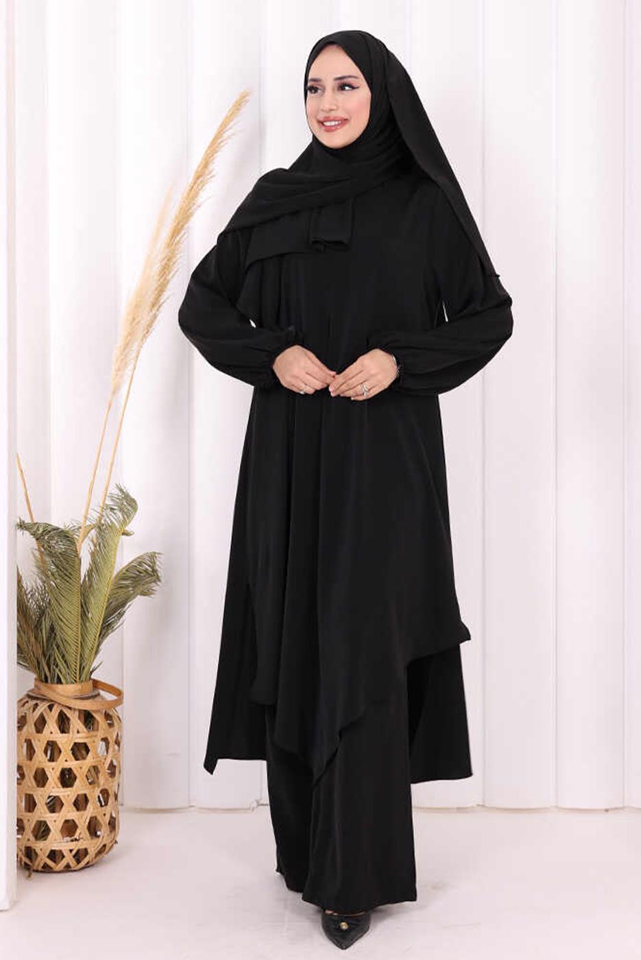 Hijab clothing BLACK SHAWL DETAILED ASYMMETRIC CUT PANTSUIT T 3008