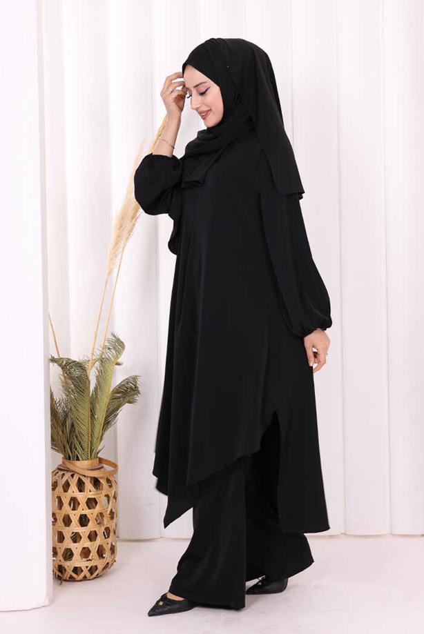 Hijab clothing BLACK SHAWL DETAILED ASYMMETRIC CUT PANTSUIT T 3008 - TRENDTESETTÜR