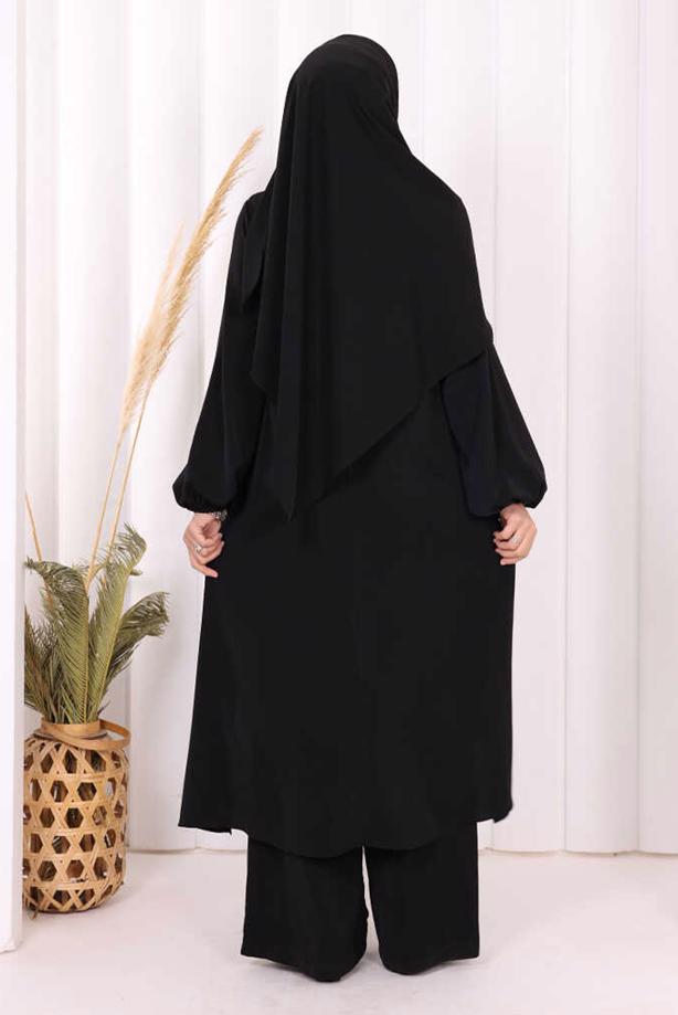 Hijab clothing BLACK SHAWL DETAILED ASYMMETRIC CUT PANTSUIT T 3008 - TRENDTESETTÜR