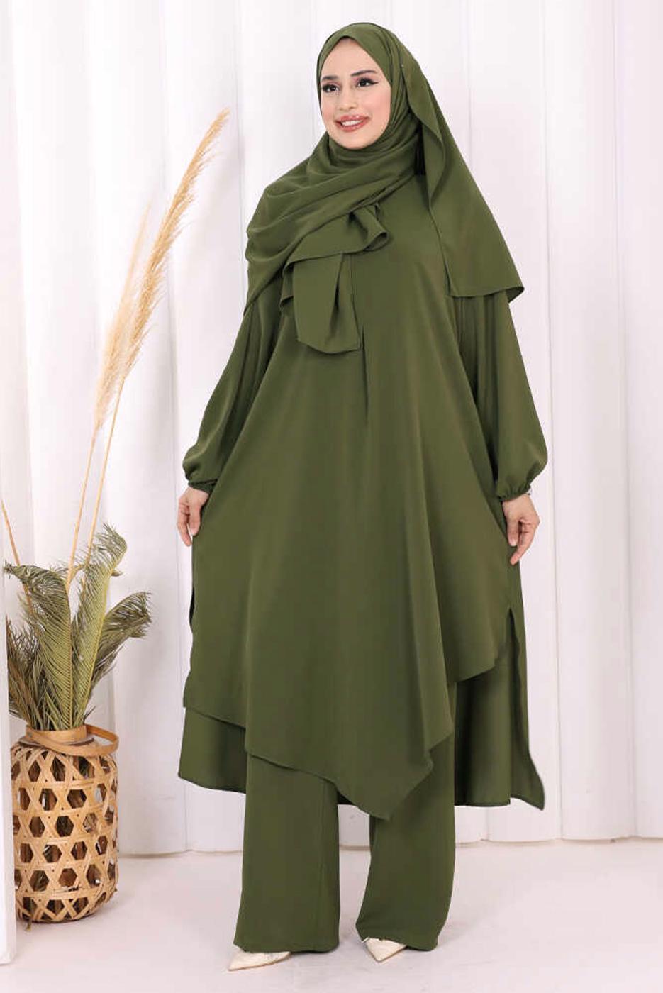 Hijab clothing KHAKI SHAWL DETAILED ASYMMETRIC CUT PANTSUIT T 3008