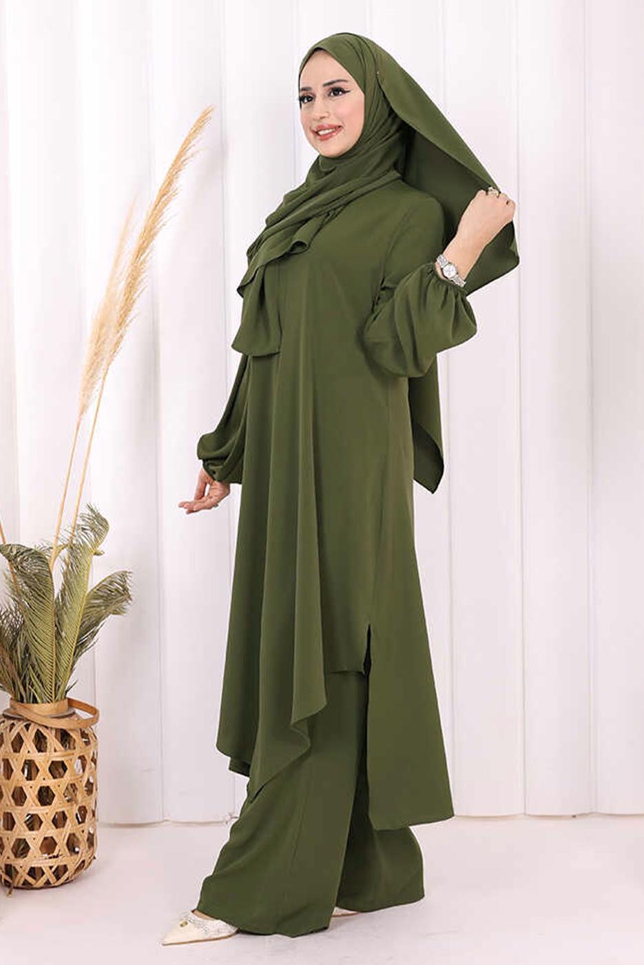Hijab clothing KHAKI SHAWL DETAILED ASYMMETRIC CUT PANTSUIT T 3008