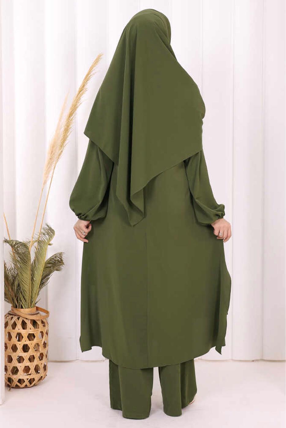 Hijab clothing KHAKI SHAWL DETAILED ASYMMETRIC CUT PANTSUIT T 3008