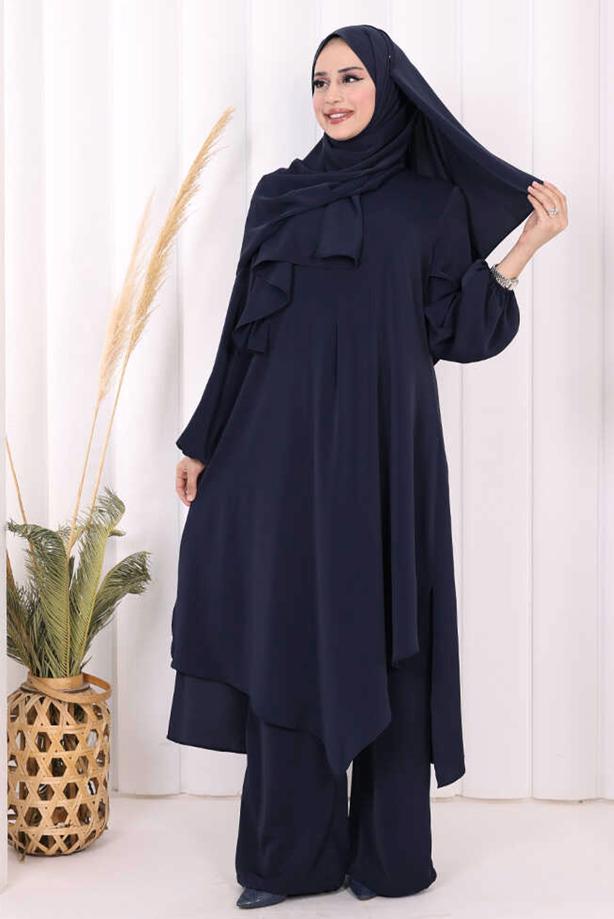 Hijab clothing NAVY BLUE SHAWL DETAILED ASYMMETRIC CUT PANTSUIT T 3008 - TRENDTESETTÜR