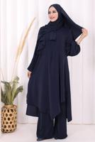 Hijab clothing NAVY BLUE SHAWL DETAILED ASYMMETRIC CUT PANTSUIT T 3008