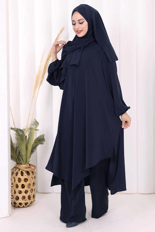 Hijab clothing NAVY BLUE SHAWL DETAILED ASYMMETRIC CUT PANTSUIT T 3008 - TRENDTESETTÜR