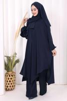 Hijab clothing NAVY BLUE SHAWL DETAILED ASYMMETRIC CUT PANTSUIT T 3008